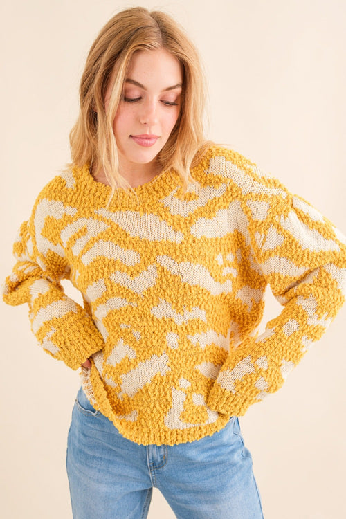 Textured Pattern Contrast Sweater in Yellow