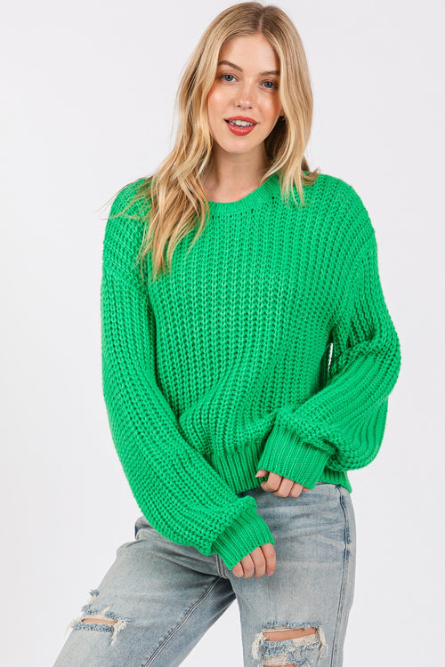 In Green Round Neck Drop Shoulder Sweater