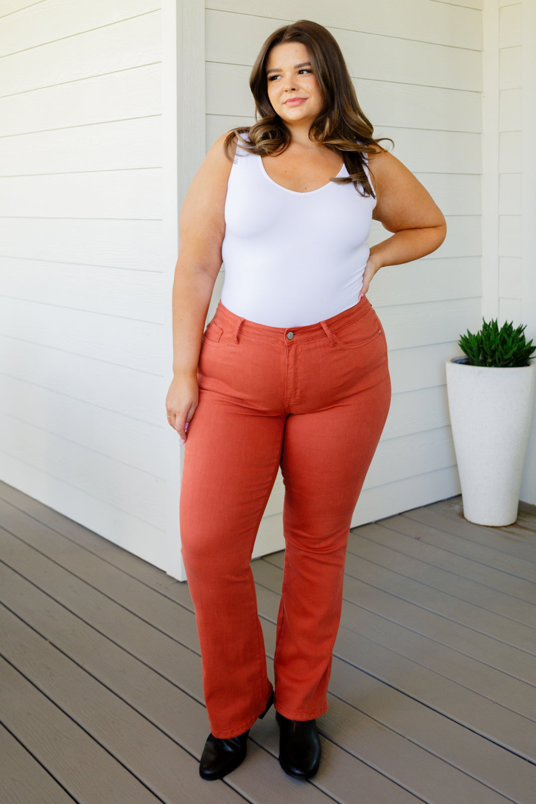 Judy Blue Autumn Mid Rise Slim Bootcut Jeans in Terracotta - Lola Cerina Boutique