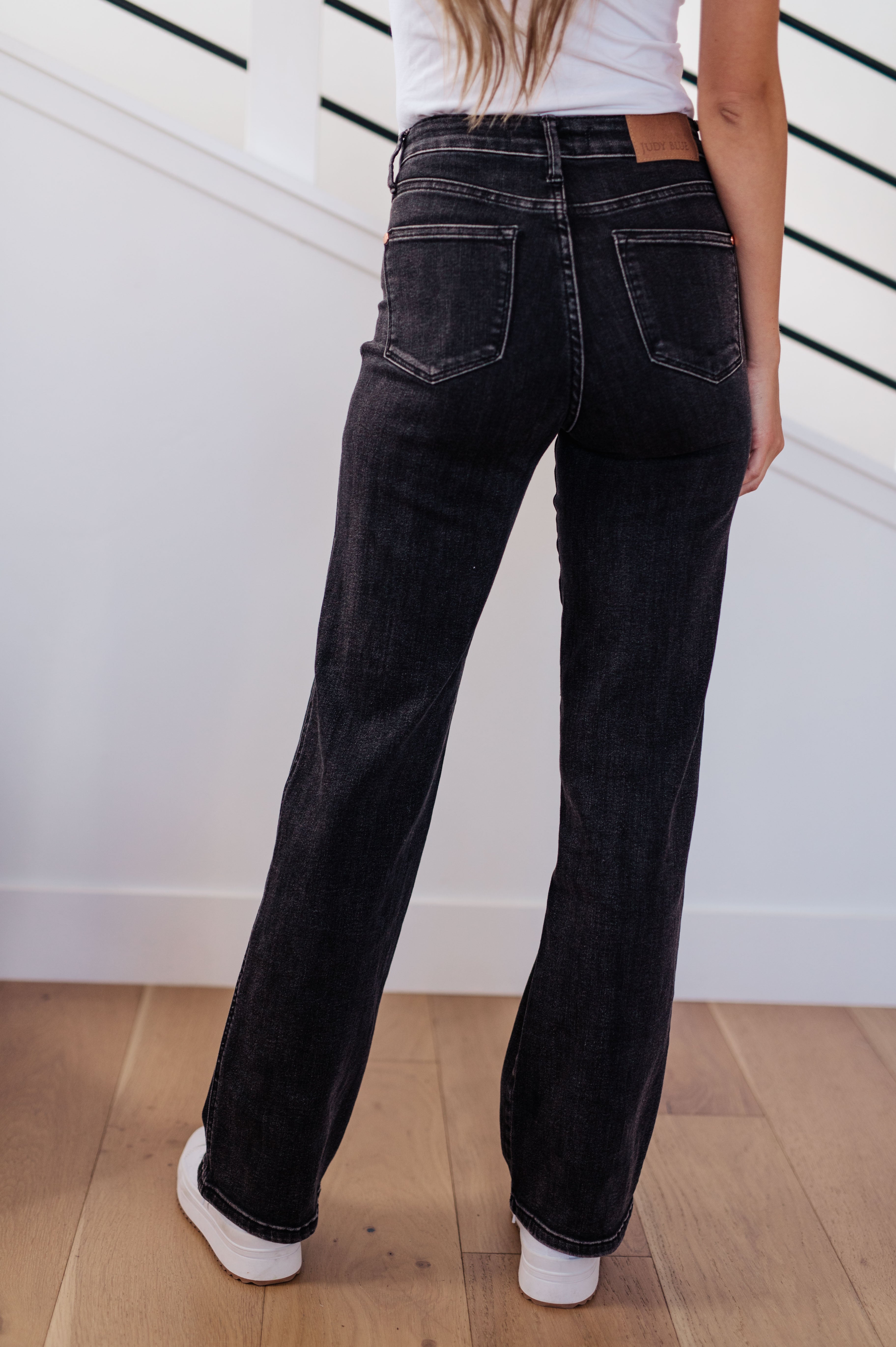 Judy Blue Joan High Rise Control Top Straight Jeans in Washed Black - Lola Cerina Boutique