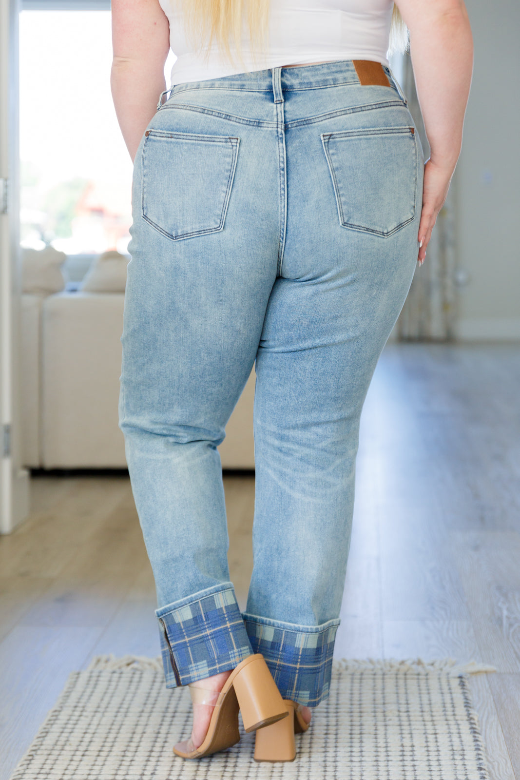 Miranda High Rise Plaid Cuff Vintage Straight Jeans - Lola Cerina Boutique