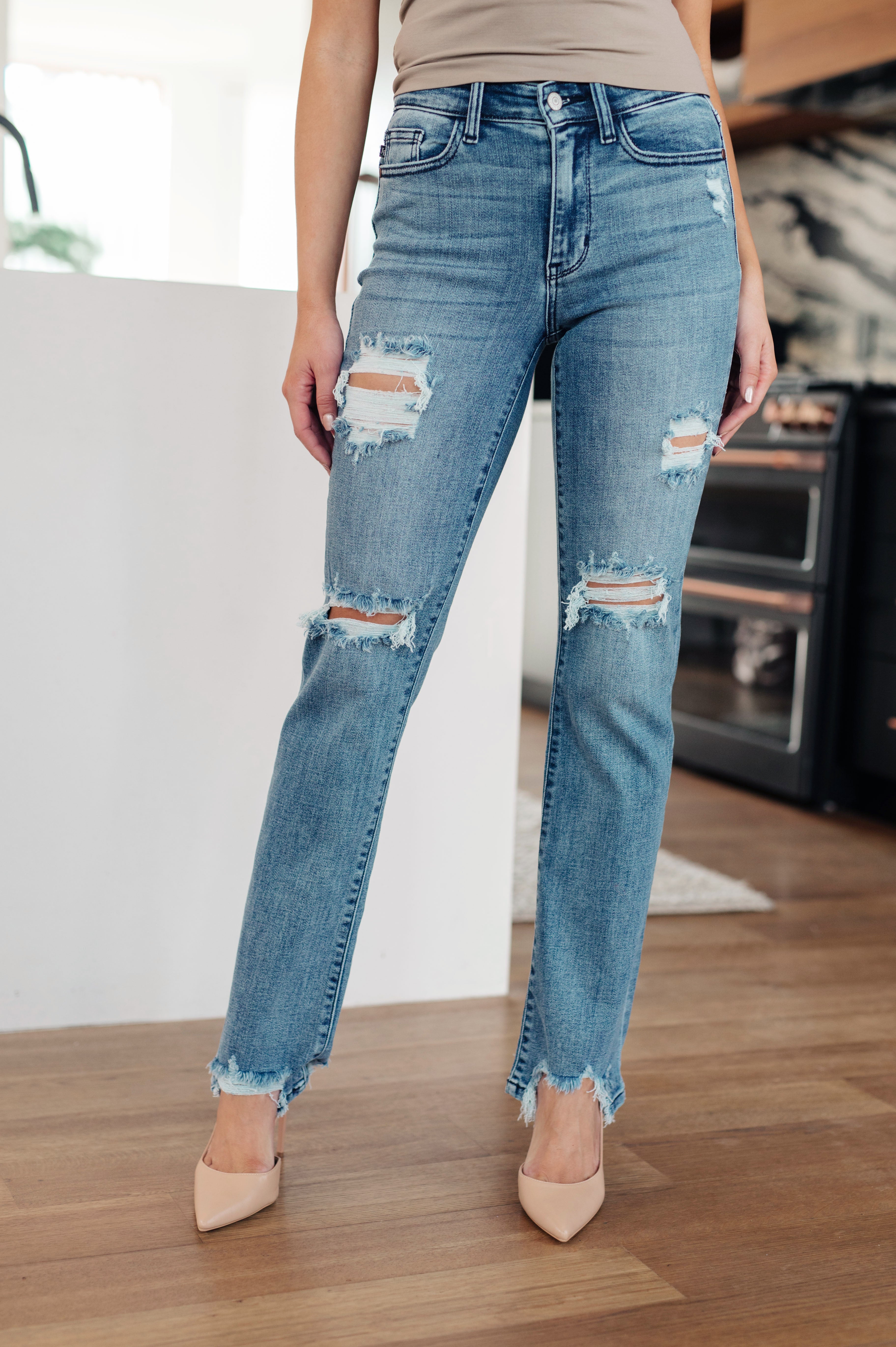 O'Hara Mid Rise Destroyed Straight Jeans in Medium Wash - Lola Cerina Boutique