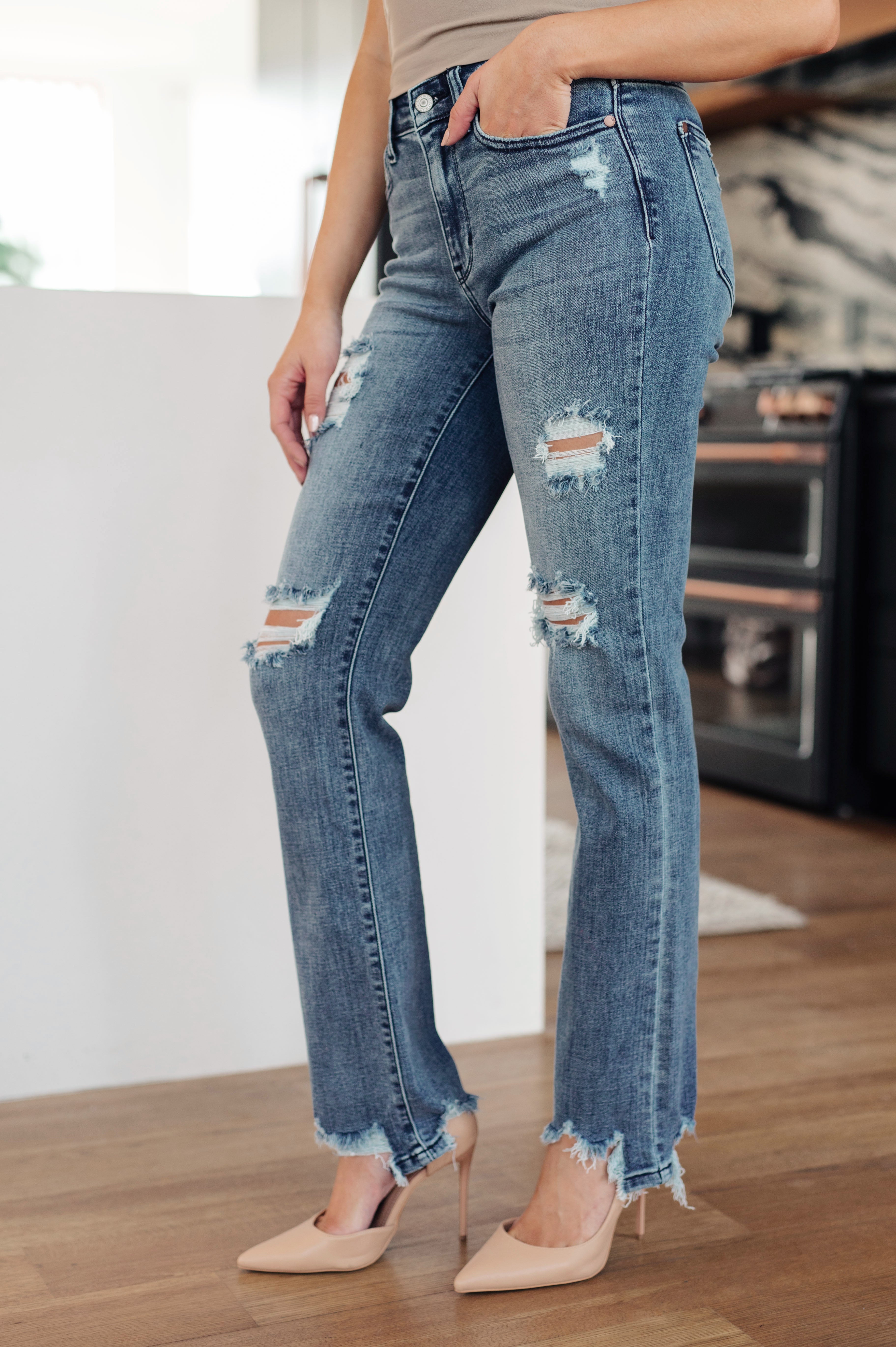 O'Hara Mid Rise Destroyed Straight Jeans in Medium Wash - Lola Cerina Boutique