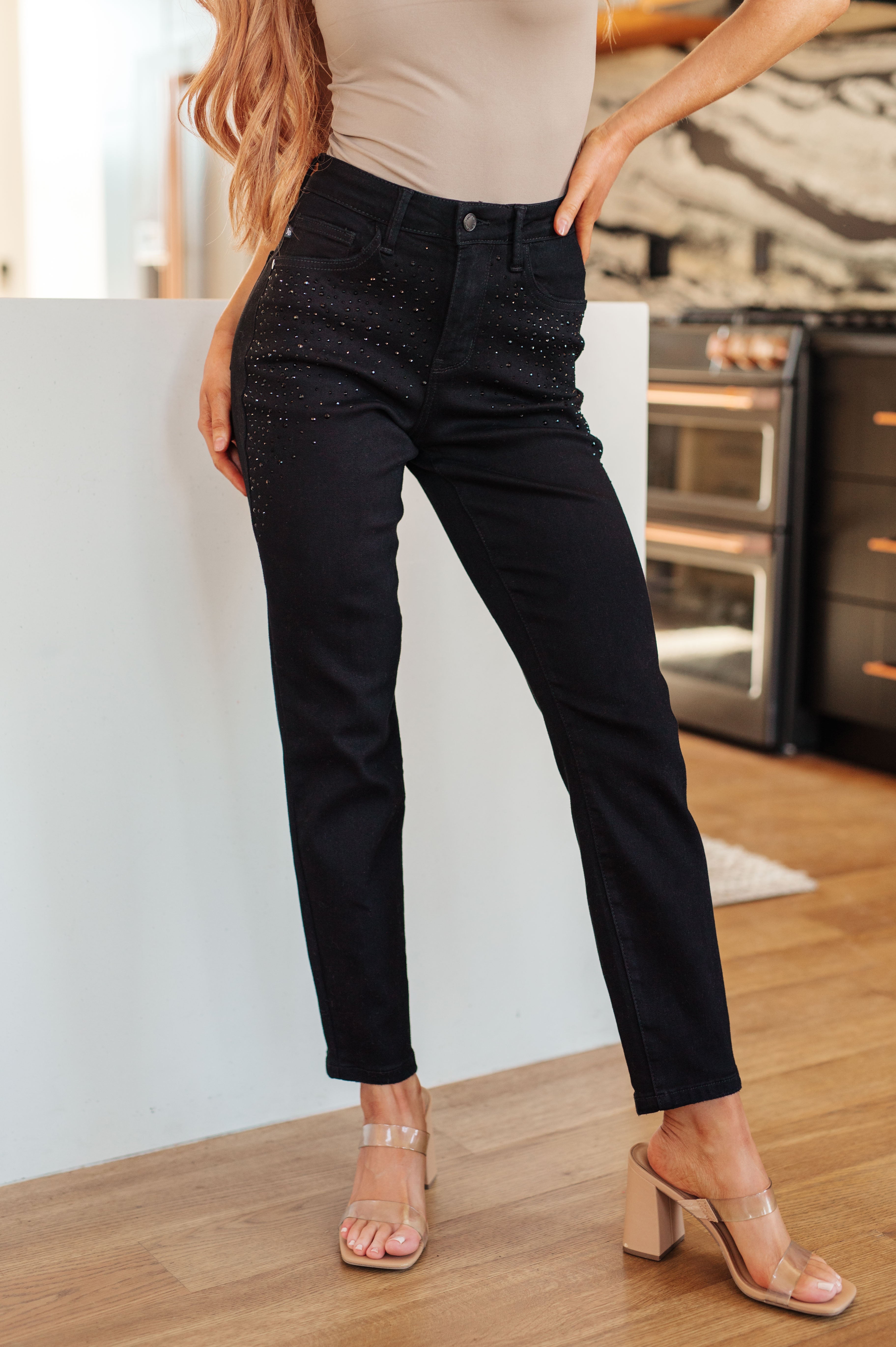 Reese Rhinestone Slim Fit Jeans in Black - Lola Cerina Boutique