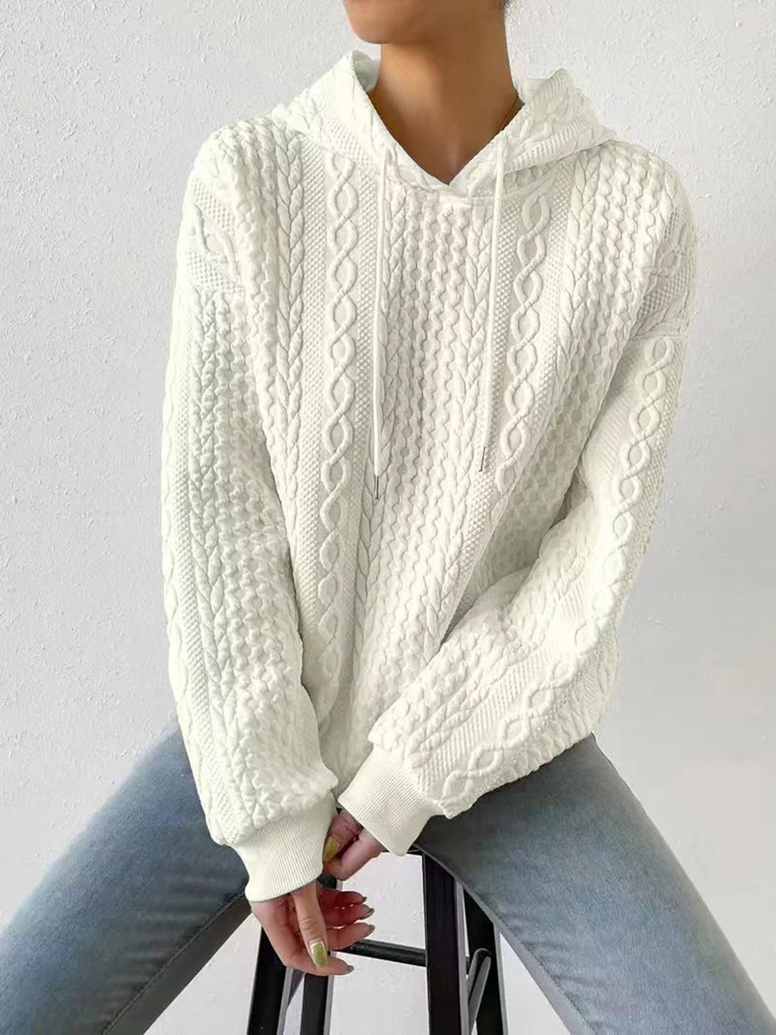 Full Size Textured Drawstring Long Sleeve Hoodie - Lola Cerina Boutique