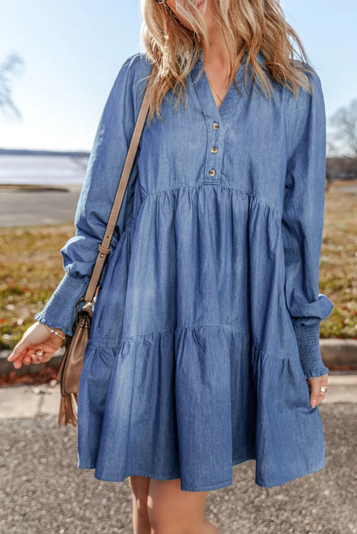 Tiered Long Sleeve Denim Dress