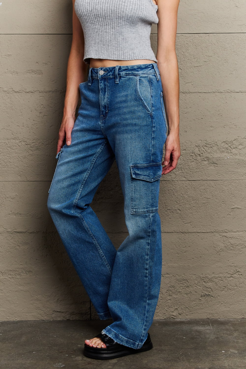 Kancan Holly High Waisted Cargo Flare Jeans - Lola Cerina Boutique