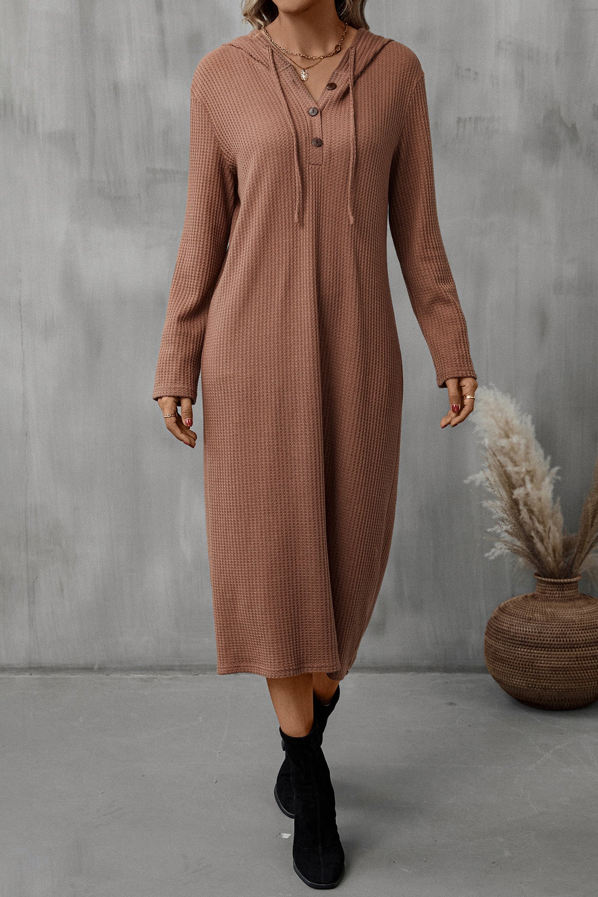 Buttoned Long Sleeve Hooded Dress - Lola Cerina Boutique