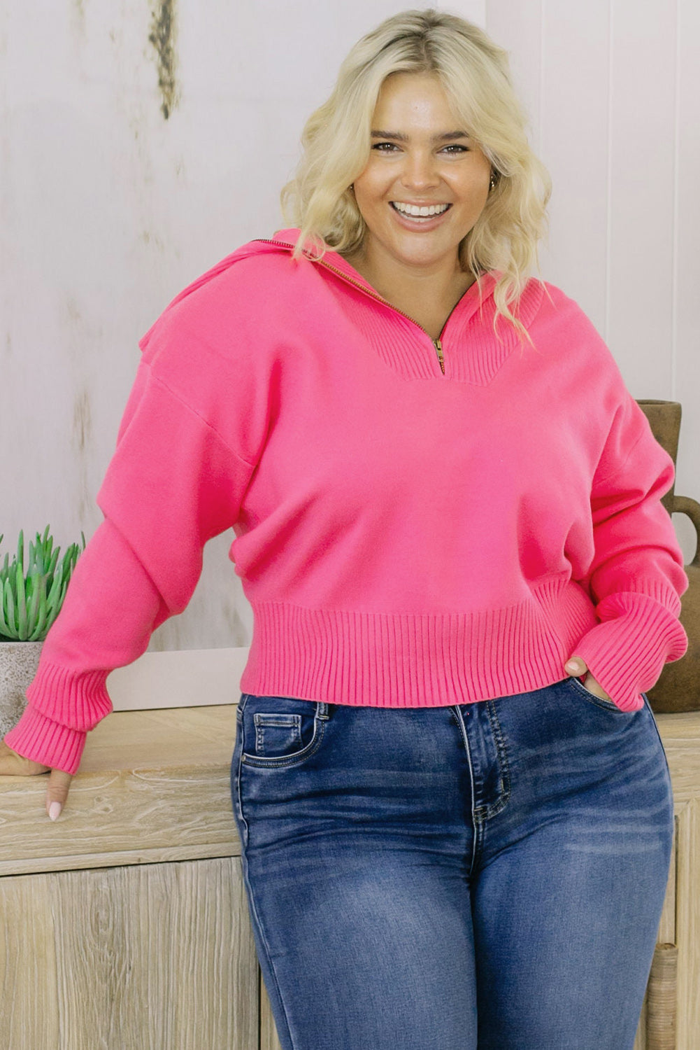 Collared Neck Zip-Up Long Sleeve Sweater | Chestnut & Hot Pink - Lola Cerina Boutique