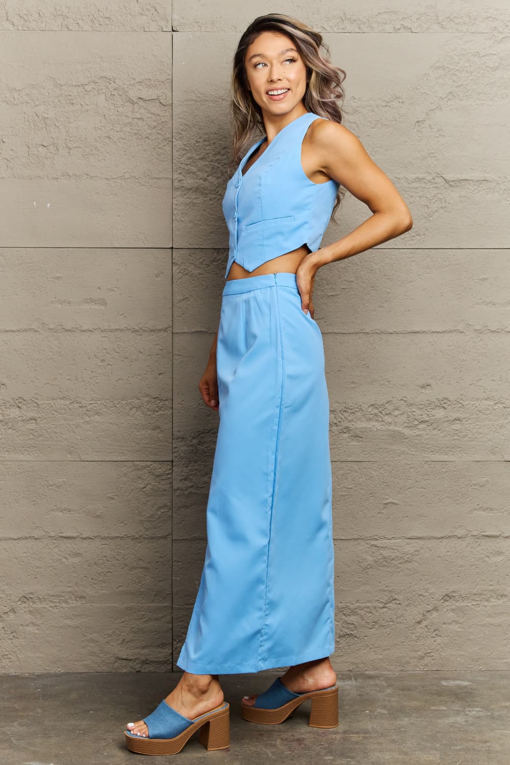 V-Neck Vest and Slit Maxi Skirt Set - Lola Cerina Boutique