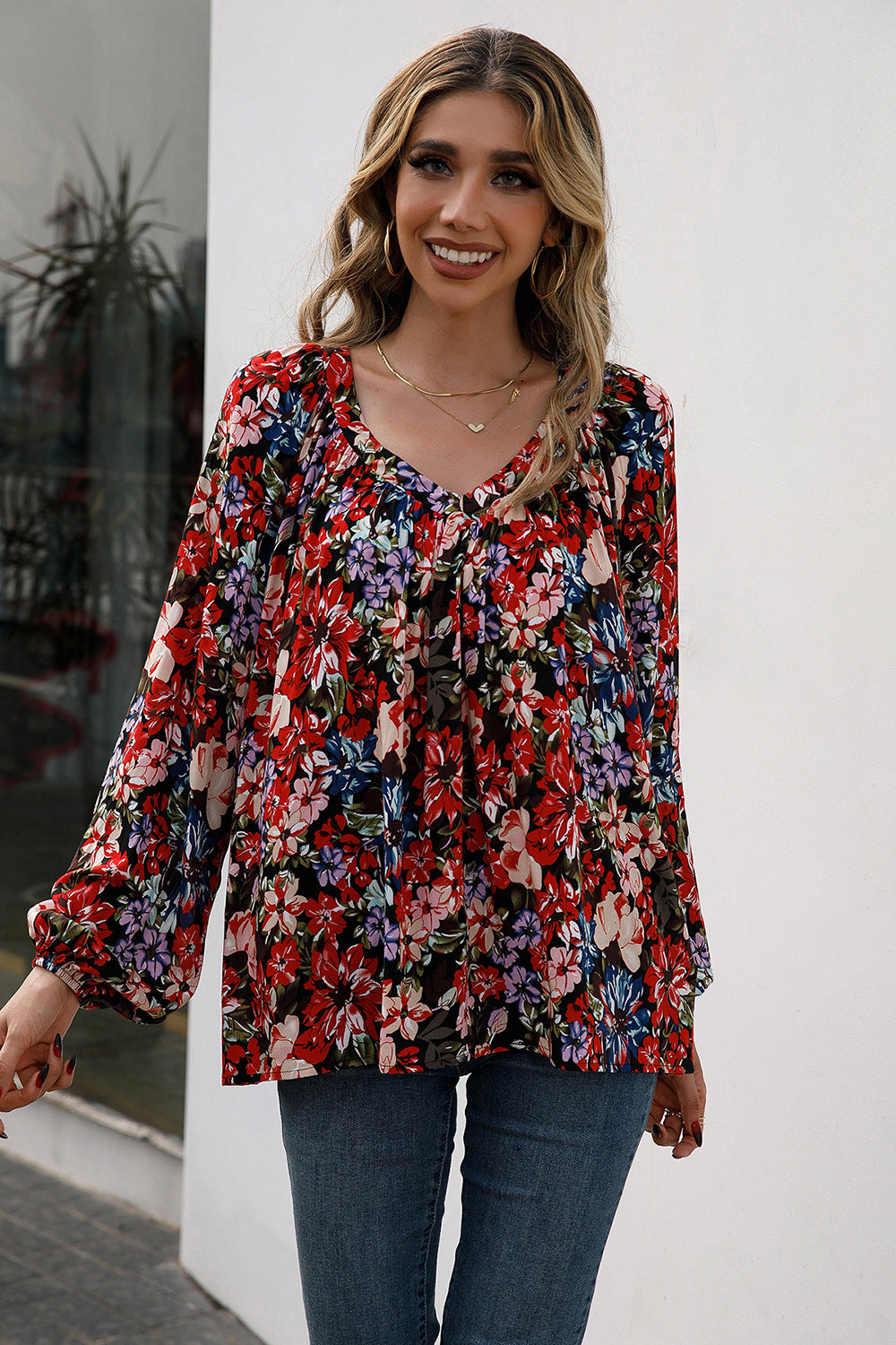Floral Print Balloon Sleeve Ruched Blouse - Lola Cerina Boutique