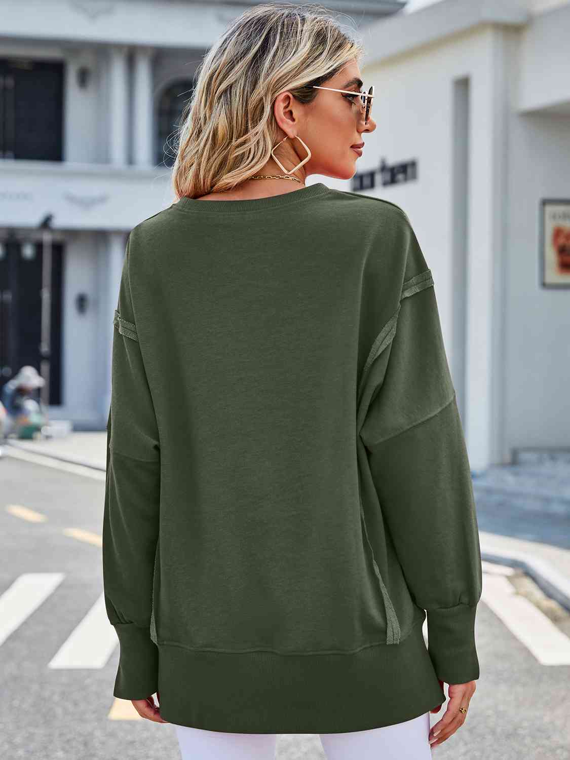 Exposed Seam High-Low Round Neck Sweatshirt - Lola Cerina Boutique