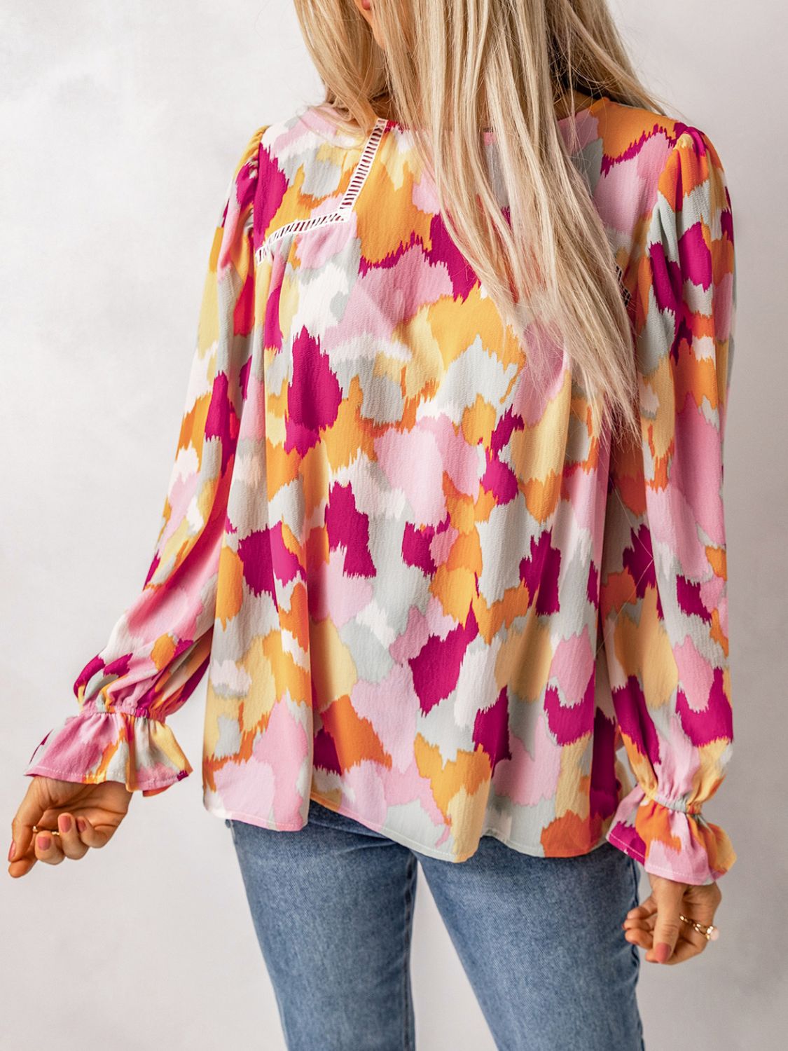 Printed Flounce Sleeve Buttoned Blouse - Lola Cerina Boutique