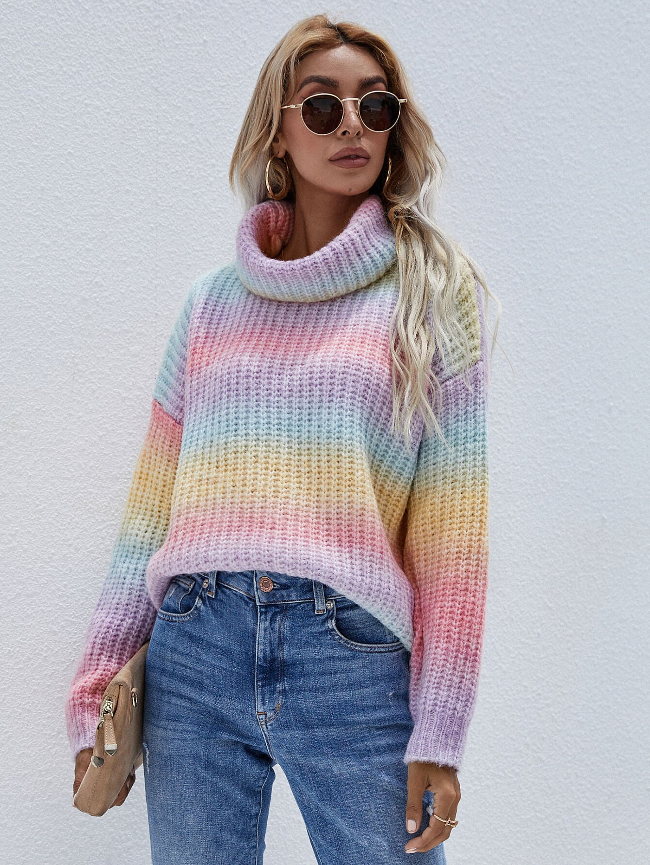 Rainbow Rib-Knit Turtleneck Drop Shoulder Sweater - Lola Cerina Boutique