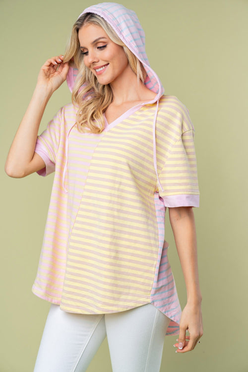 White Birch Full Size Striped Short Sleeve Drawstring Hooded Top - Lola Cerina Boutique