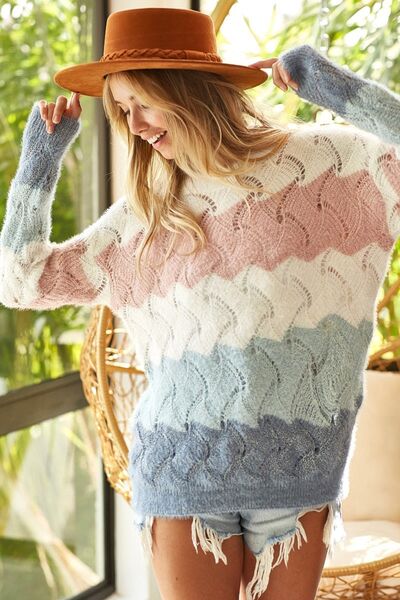 BiBi Color Block Openwork Long Sleeve Sweater - Lola Cerina Boutique