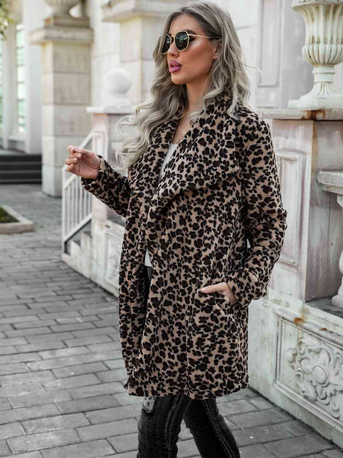 Printed Collared Longline Coat with Pockets - Lola Cerina Boutique