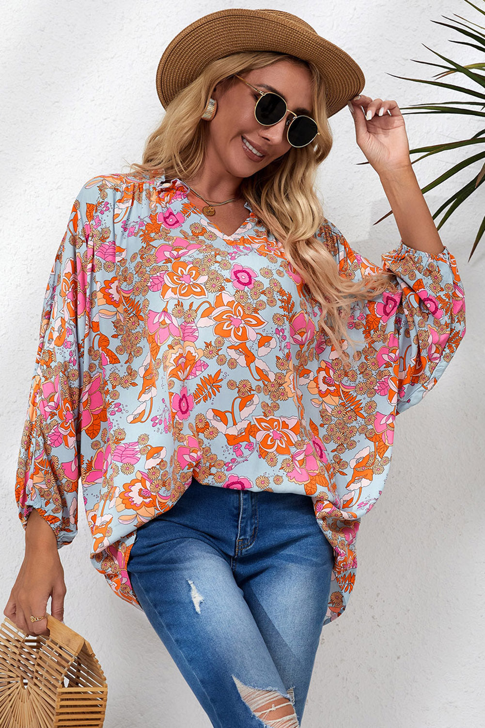 Floral Frill Trim Balloon Sleeve Blouse - Lola Cerina Boutique