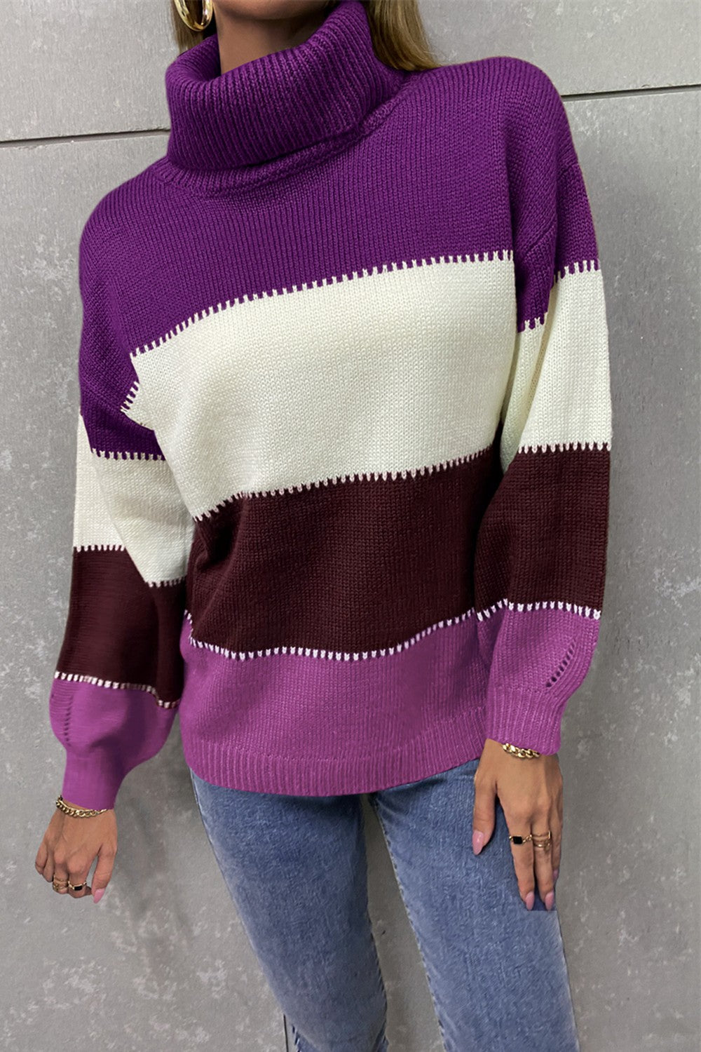 Color Block Lantern Sleeve Turtleneck Sweater - Lola Cerina Boutique