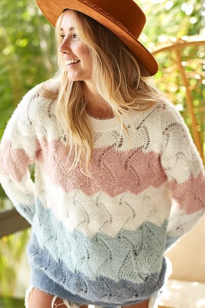 BiBi Color Block Openwork Long Sleeve Sweater - Lola Cerina Boutique