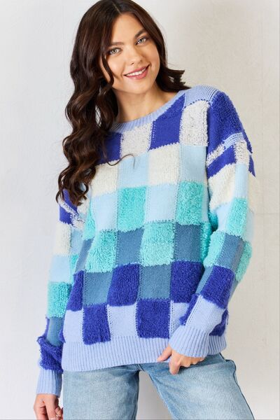 J.NNA Checkered Round Neck Long Sleeve Sweater - Lola Cerina Boutique
