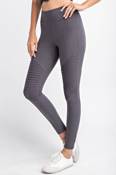 Solid black moto leggings featuring rippled knee details and pull on  styling. 68% Raylon, 27% Polyester, 5% Spandex. Inseam approximately 27.  Size Small., 7300045