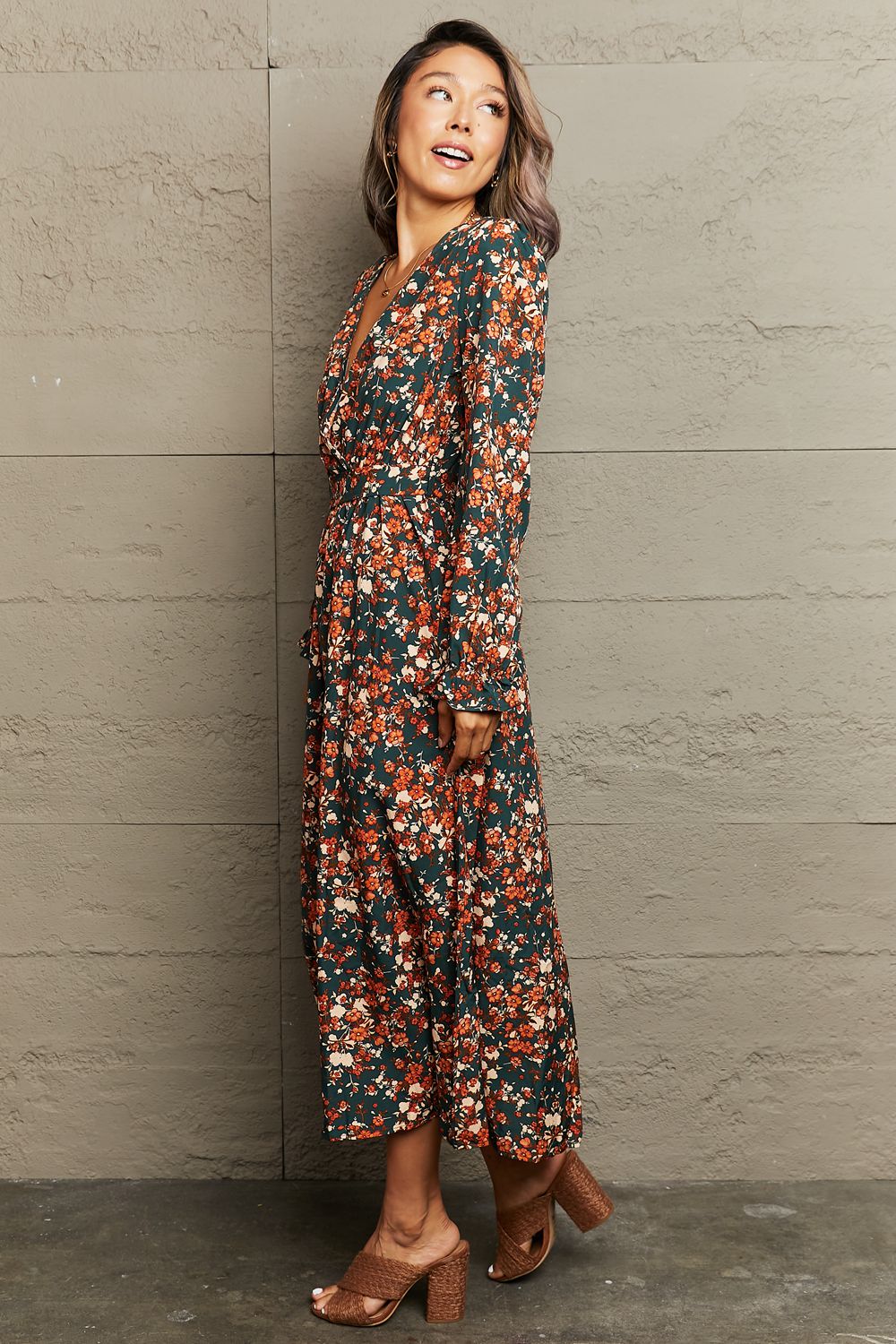 Printed Surplice Neck Long Sleeve Dress - Lola Cerina Boutique