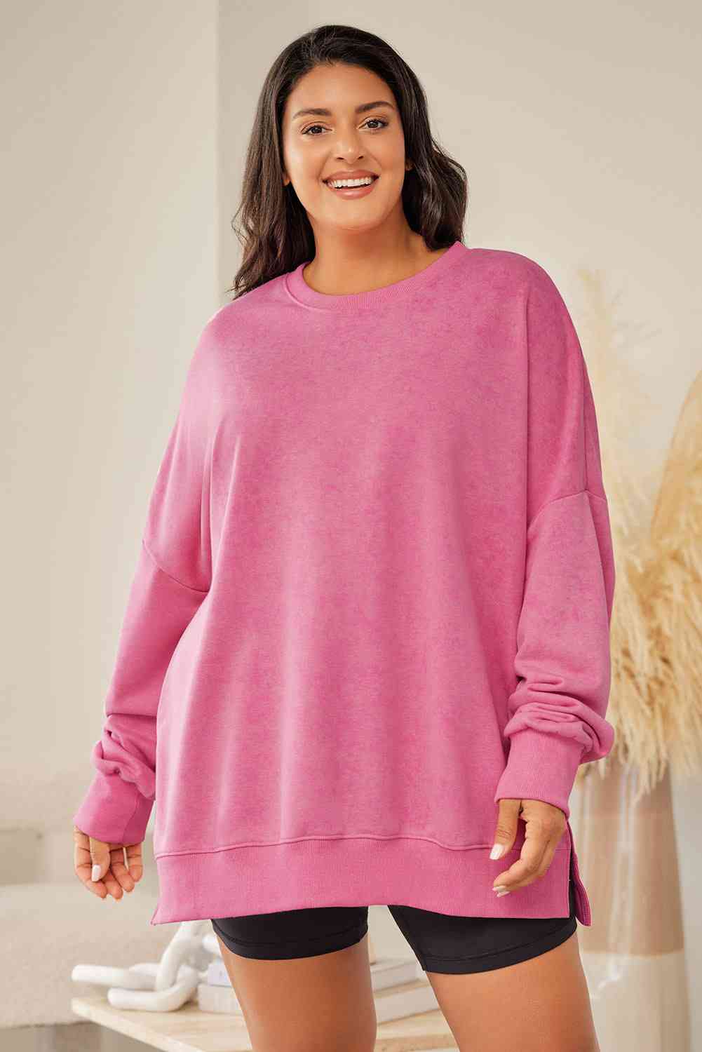 Plus Size Round Neck Drop Shoulder Slit Sweatshirt - Lola Cerina Boutique