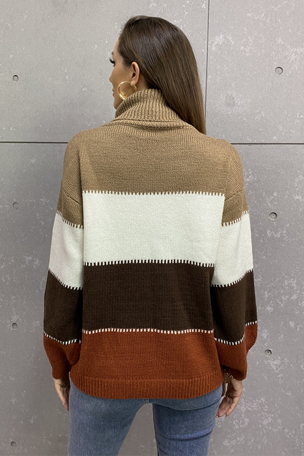 Color Block Lantern Sleeve Turtleneck Sweater - Lola Cerina Boutique