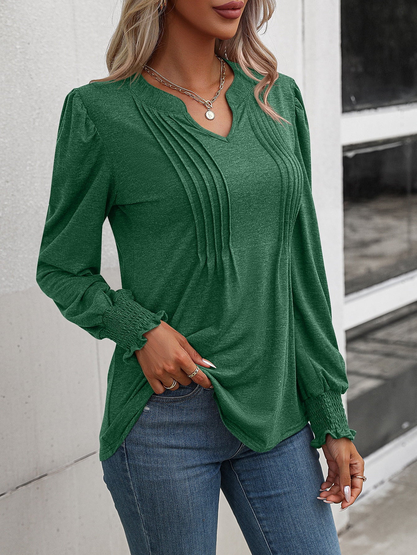 Ruched Notched Neck Puff Sleeve Blouse | 6 Colors - Lola Cerina Boutique