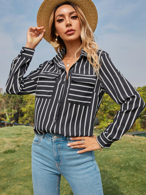 Collared Neck Striped Long Sleeve Shirt - Lola Cerina Boutique