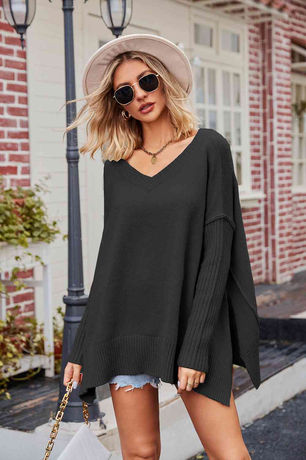 V-Neck Slit Exposed Seam Sweater - Lola Cerina Boutique