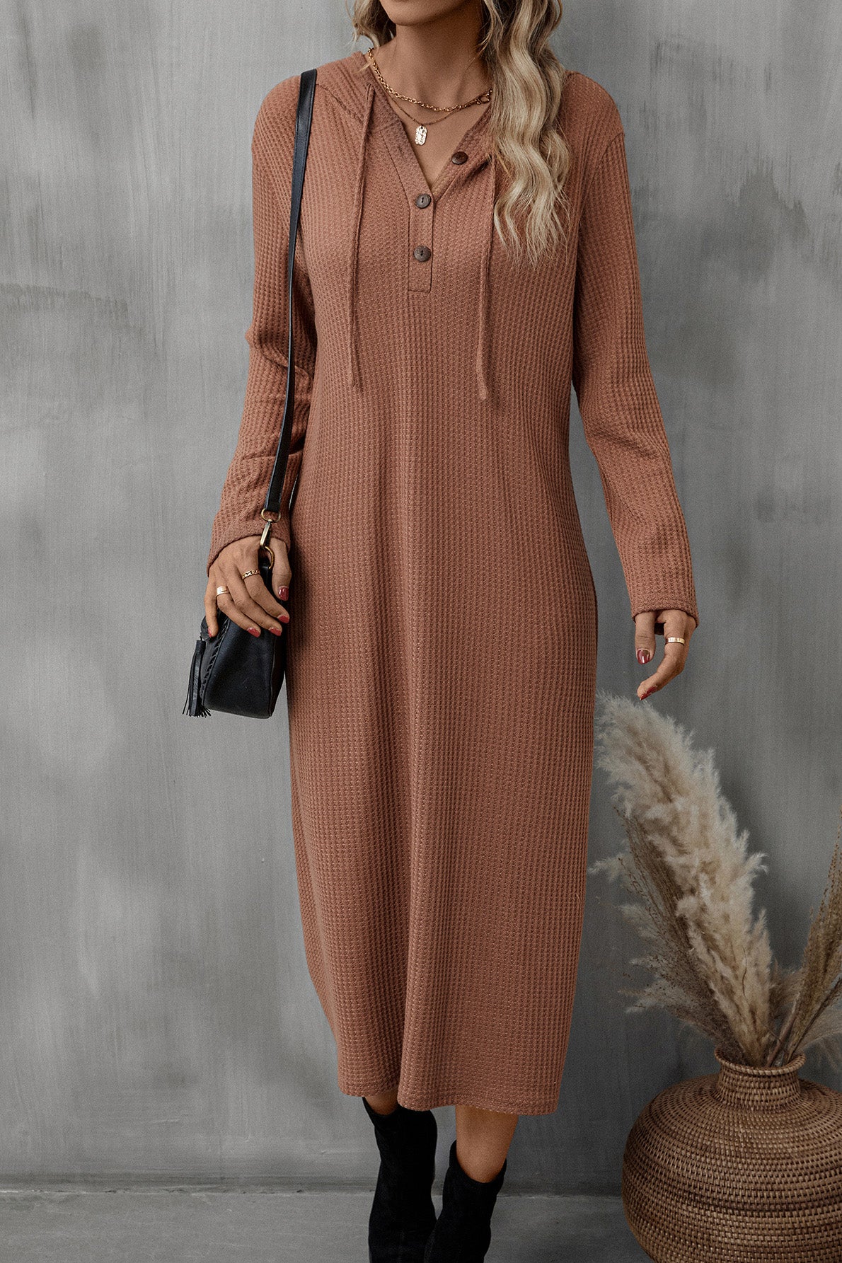 Buttoned Long Sleeve Hooded Dress - Lola Cerina Boutique