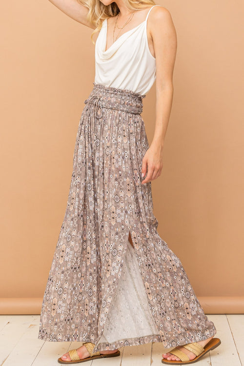 And The Why Printed Smocked Waist Slit Wide Leg Pants - Lola Cerina Boutique