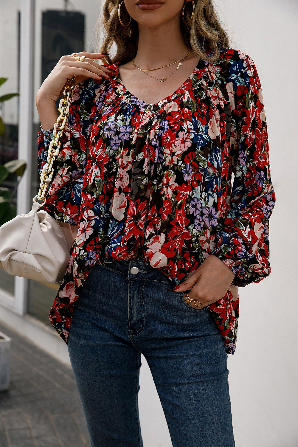Floral Print Balloon Sleeve Ruched Blouse - Lola Cerina Boutique