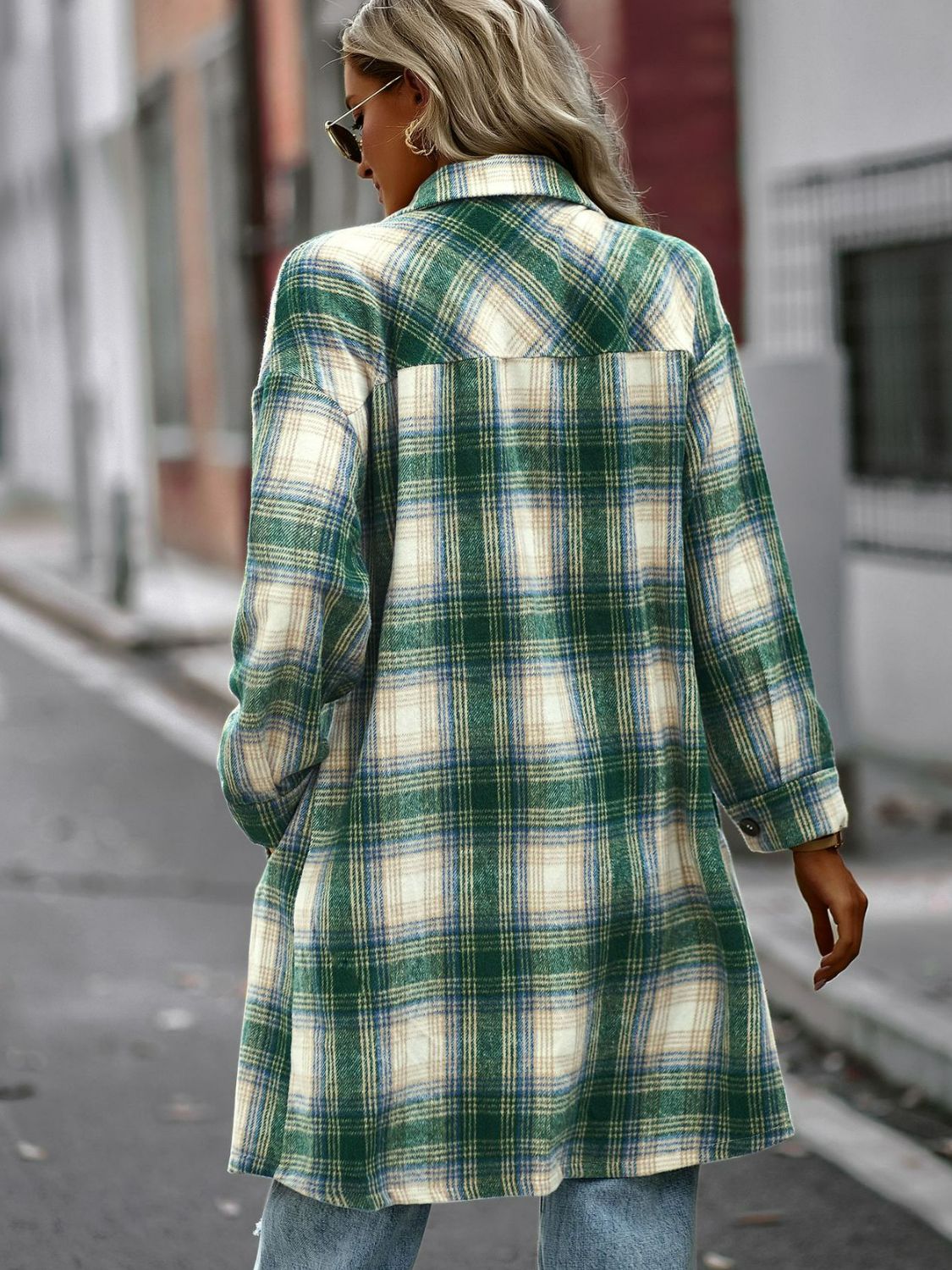 Double Take Plaid Button-Up Longline Jacket with Pockets - Lola Cerina Boutique