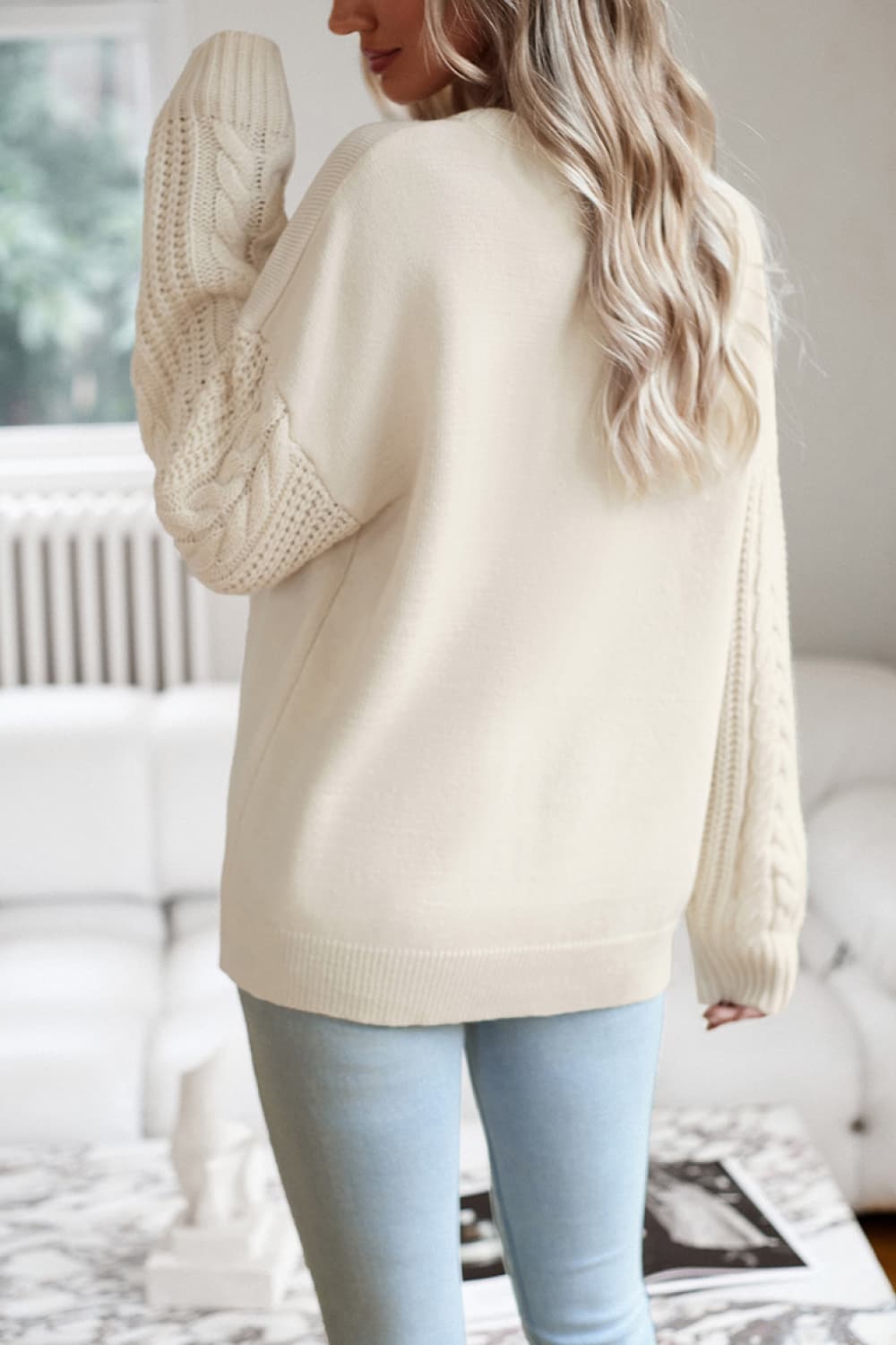 Cable-Knit Round Neck Drop Shoulder Sweater - Lola Cerina Boutique