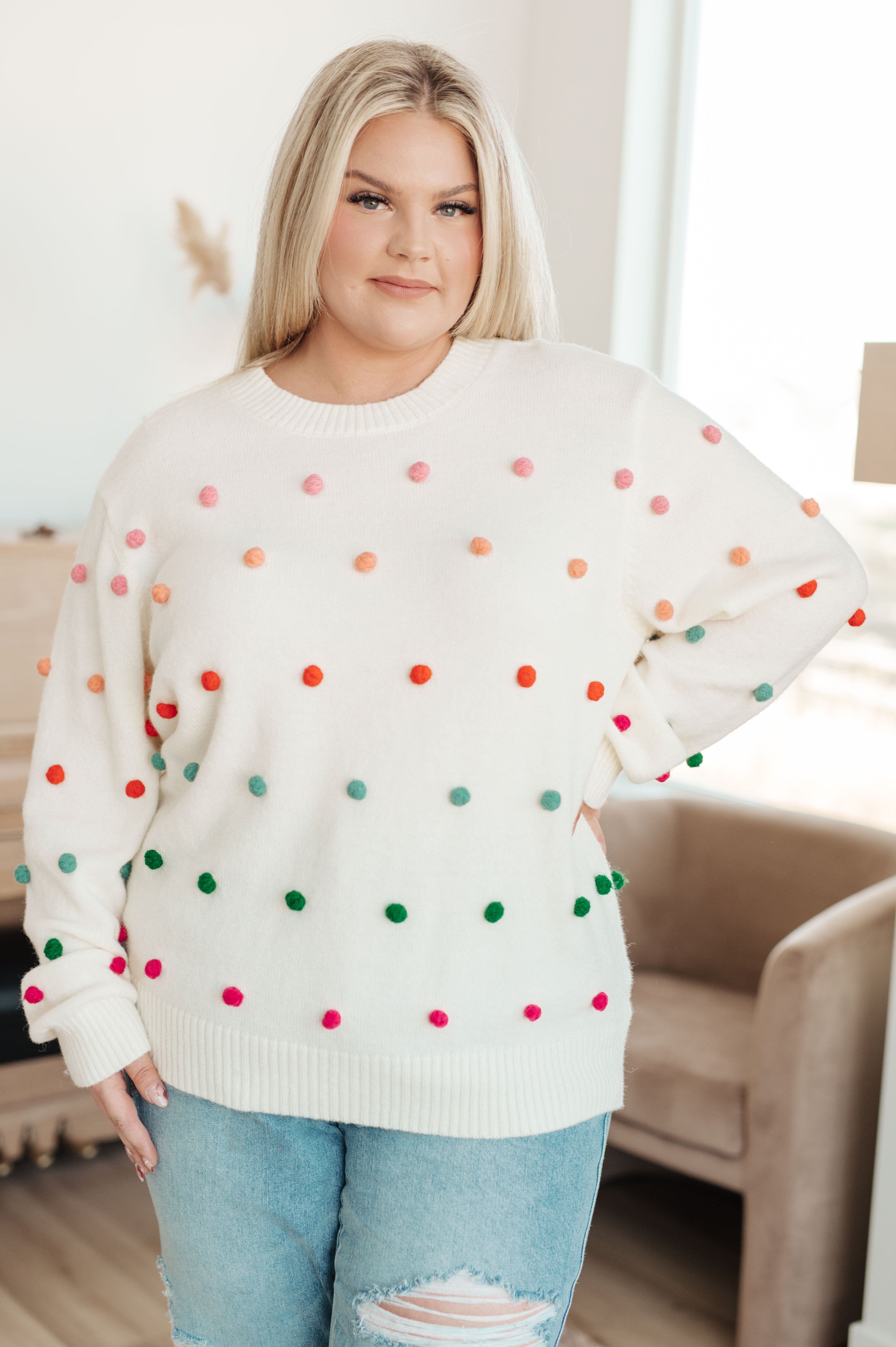 Candy Buttons Pom Detail Sweater - Lola Cerina Boutique