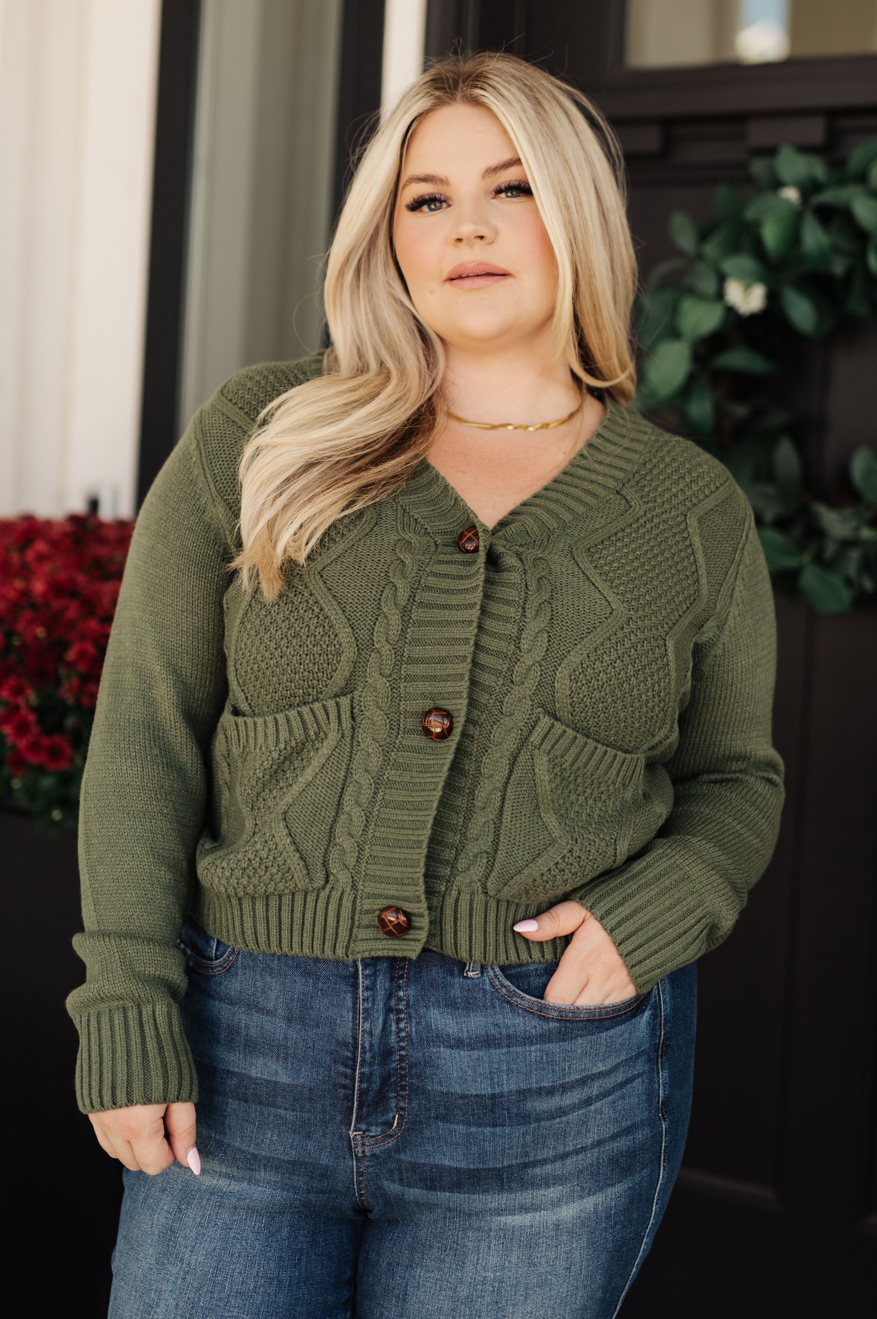 Climbing Vine Cable Knit Cardigan in Green - Lola Cerina Boutique
