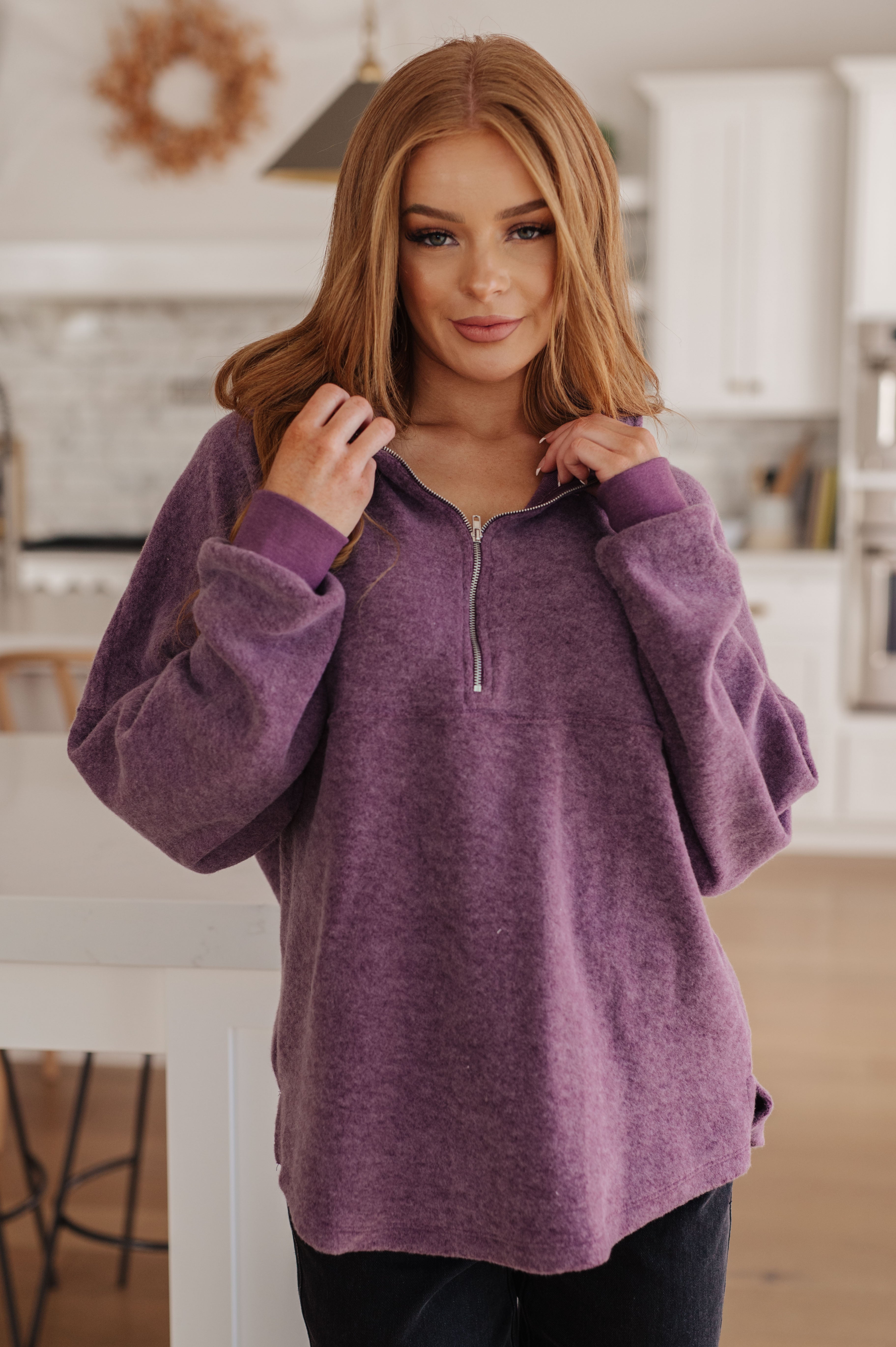 Cozy Moment 1/2 Zip Pullover in Purple - Lola Cerina Boutique