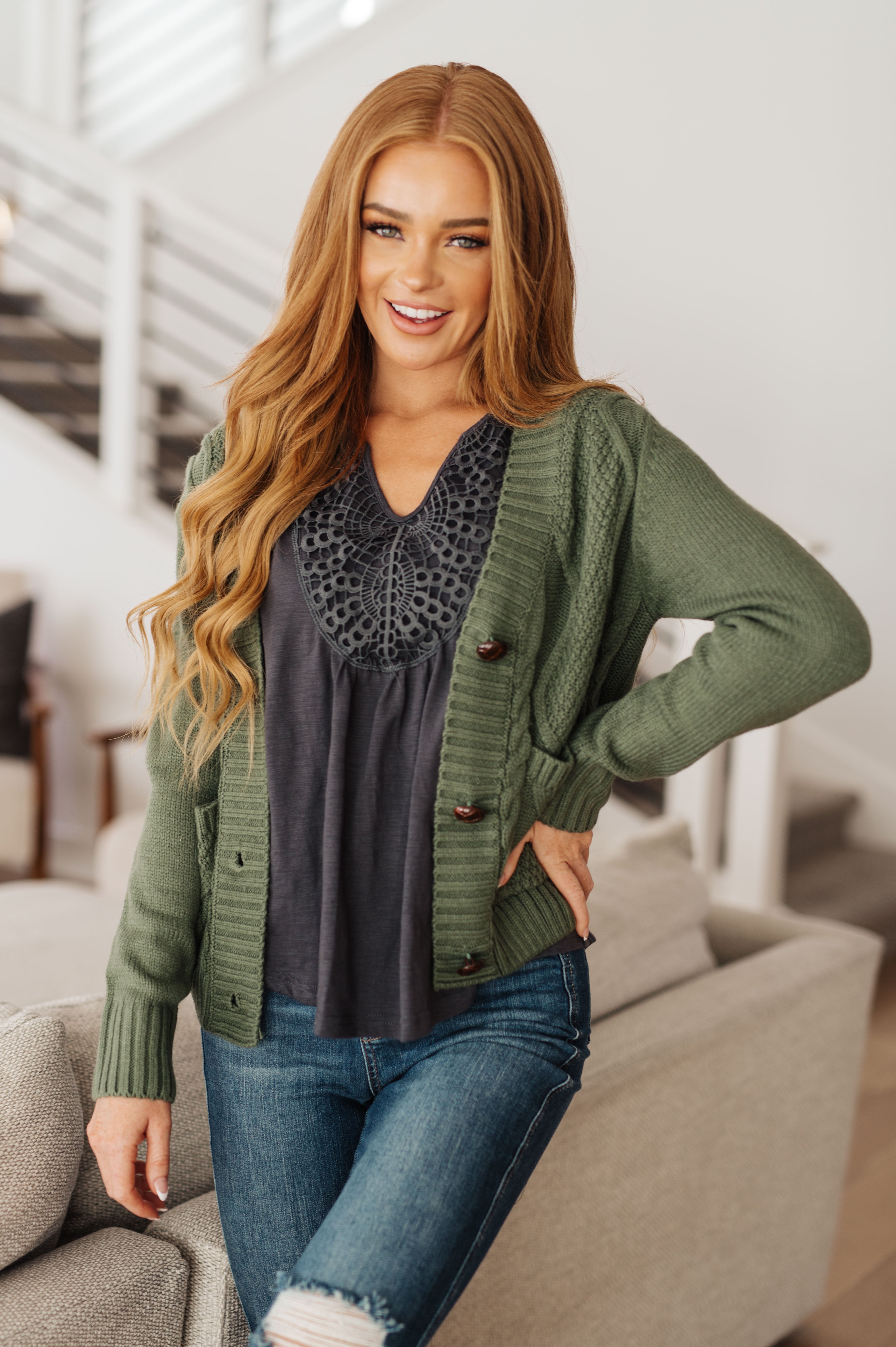 Climbing Vine Cable Knit Cardigan in Green - Lola Cerina Boutique