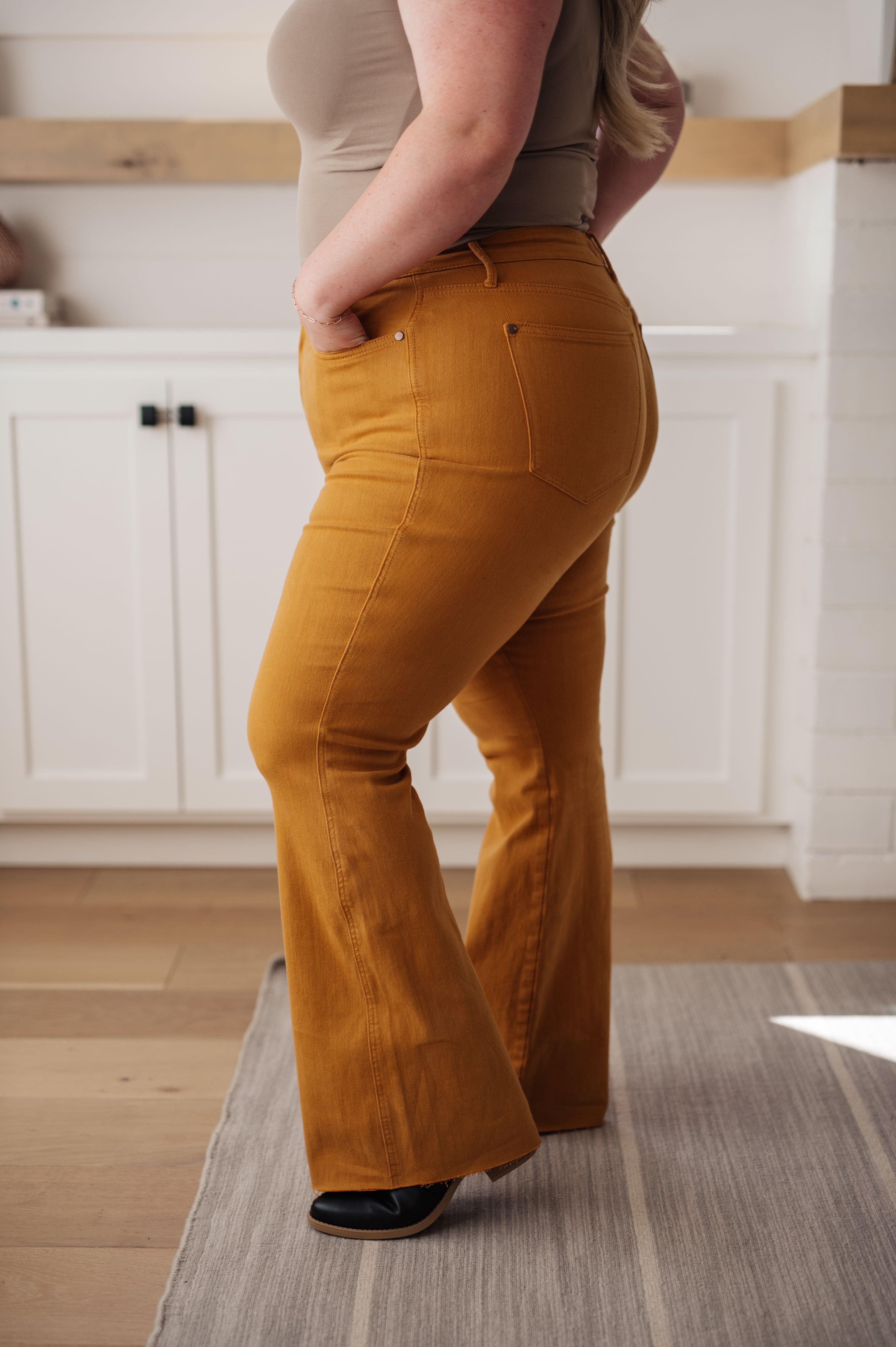 Melinda High Rise Control Top Flare Jeans in Marigold - Lola Cerina Boutique