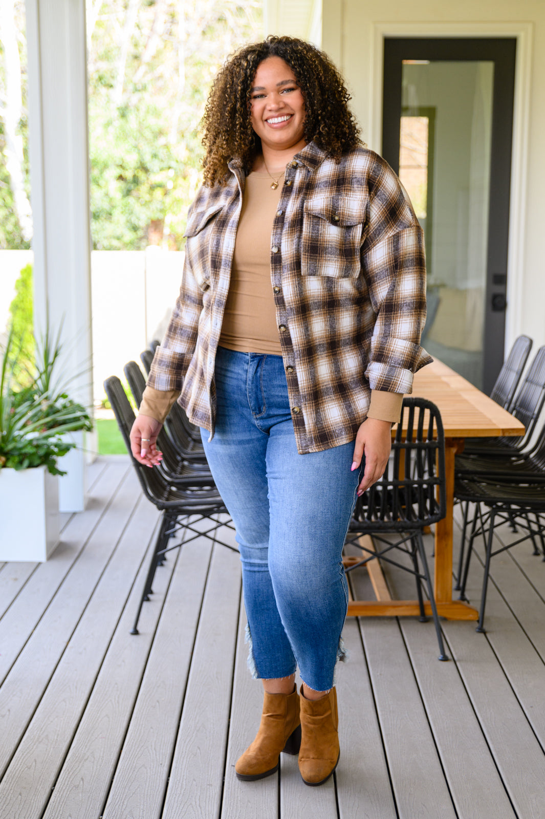 Outside Stroll Plaid Waist Tie Shacket In Brown - Lola Cerina Boutique
