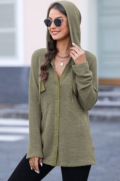 Waffle-Knit Button Up Drawstring Hoodie - Lola Cerina Boutique