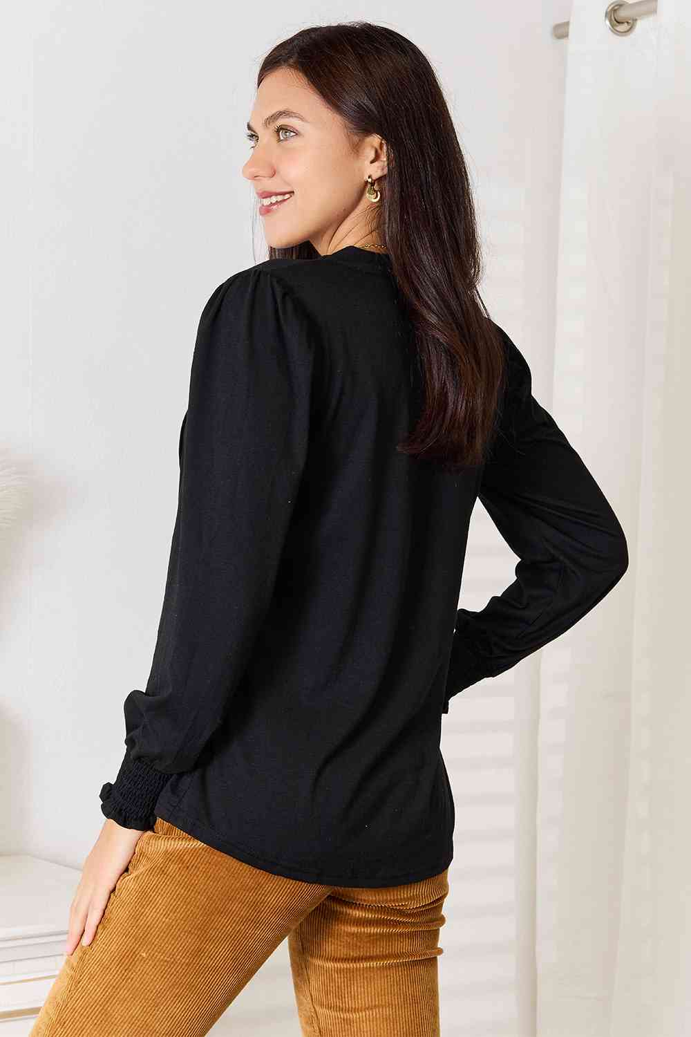 Arica Ruched Notched Neck Puff Sleeve Blouse - Lola Cerina Boutique