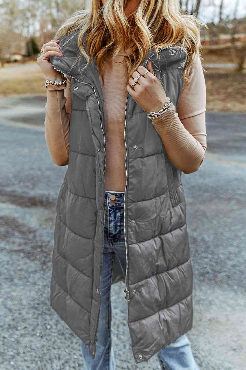 Longline Hooded Sleeveless Puffer Vest - Lola Cerina Boutique
