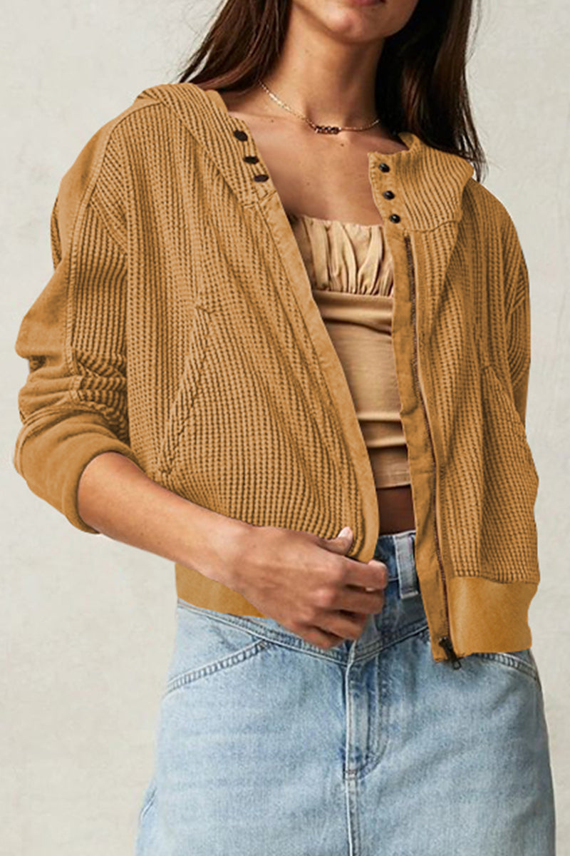 Waffle-Knit Long Sleeve Hooded Jacket - Lola Cerina Boutique