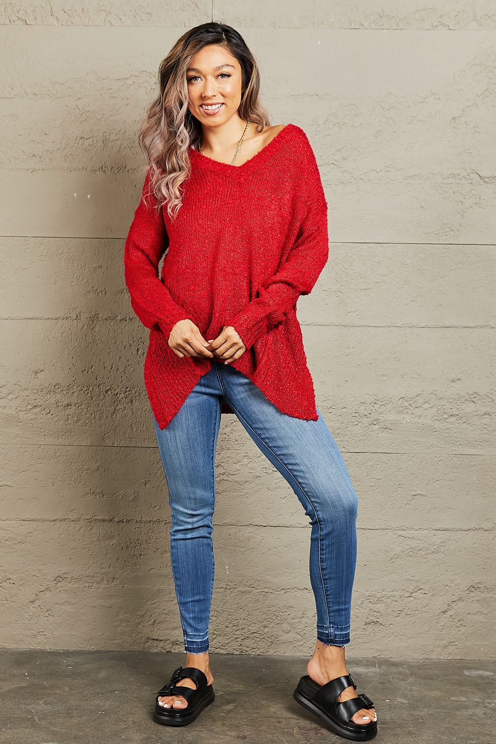 Heimish By The Fire Full Size Draped Detail Knit Sweater - Lola Cerina Boutique