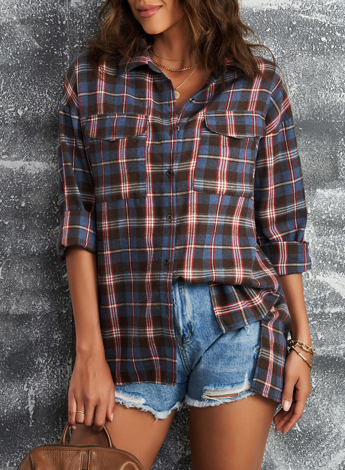 Plaid Slit High-Low Shirt with Pockets - Lola Cerina Boutique