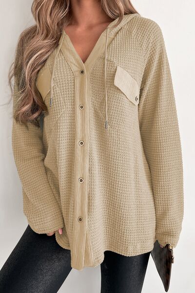 Waffle-Knit Button Up Drawstring Hoodie - Lola Cerina Boutique